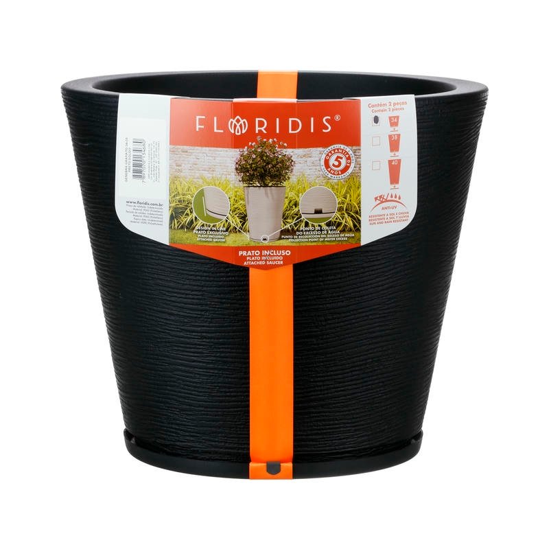 MACETA PLAST GENEBRA 35C GRAFIATO NEGRO C/PLATO
