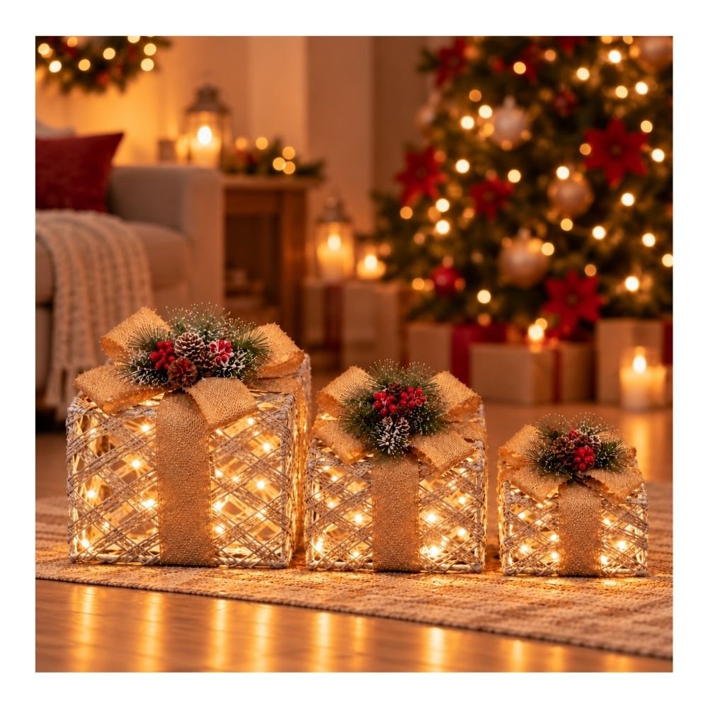 SET X3 CAJAS NAVIDEÑA CUAD.C/LED USB PLATA 261077