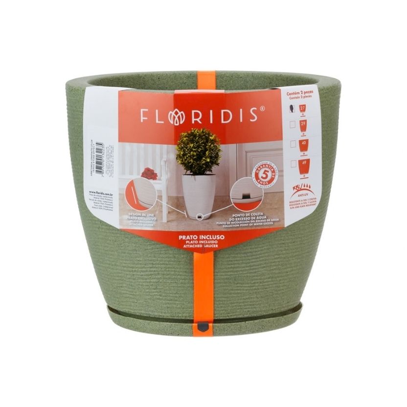 MACETA PLAST AMSTERDA 28C GRAFIATO VERDE C/PLATO